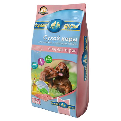 Корм Верные друзья Ягненок и рис для щенков и молодых собак, 15 кг