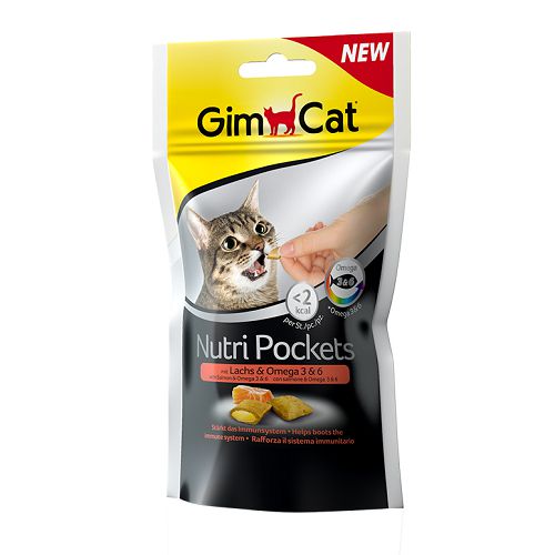Подушечки Gimcat "NutriPockets" для кошек, лосось+ Омега 3 и 6, 60 г