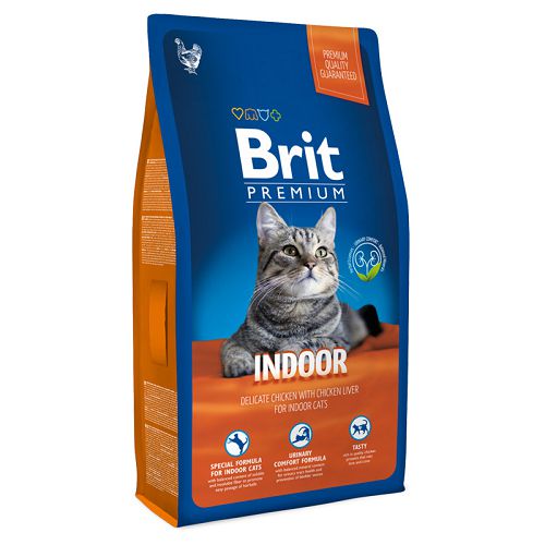 Корм Brit Premium Cat Indoor для домашних кошек, курица и печень