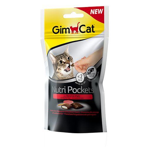 Подушечки Gimcat "NutriPockets" для кошек, говядина+солод, 60 г