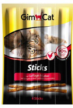 Палочки лакомые Gimcat "Sticks" для кошек, птица и печень, 4 шт.х20 г