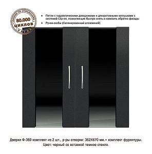 Дверки Biodesign Ф-360 влагостойкие для РИФ-150,300, ПАНОРАМА-280, черная шагрень и темное стекло, 2 шт.