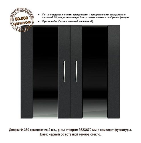 Дверки Biodesign Ф-360 влагостойкие для РИФ-150,300, ПАНОРАМА-280, черная шагрень и темное стекло, 2 шт.