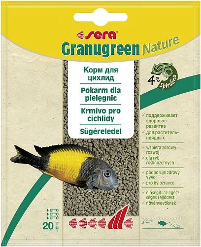Основной корм Sera GRANUGREEN для мелких растительноядных цихлид, гранулы 20 г