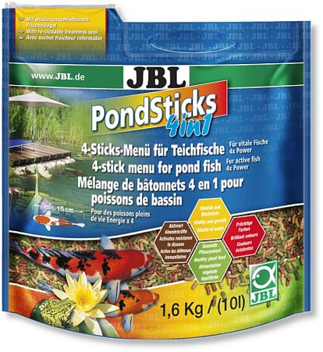 JBL Pond Sticks 4in1 комплексный корм для всех прудовых рыб, 4 вида палочек разного цвета, 10,5 л