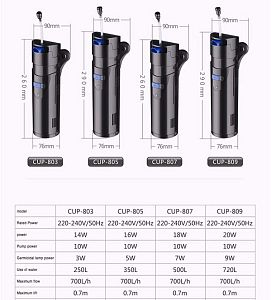 Фильтр внутренний SUNSUN CUP-803&nbsp;с&nbsp;помпой и&nbsp;стерилизатором 14&nbsp;Вт, лампа 3&nbsp;Вт, помпа 10&nbsp;Вт, 700&nbsp;л/ч