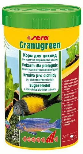 Sera Granugreen зеленый корм для мелких растительноядных цихлид, гранулы 250 мл
