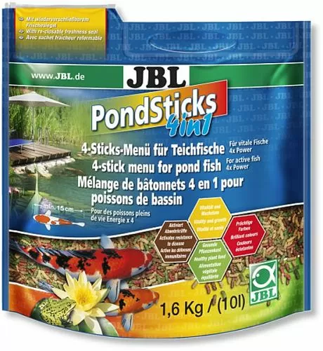 JBL Pond Sticks 4in1 комплексный корм для всех прудовых рыб, 4 вида палочек разного цвета, 10,5 л