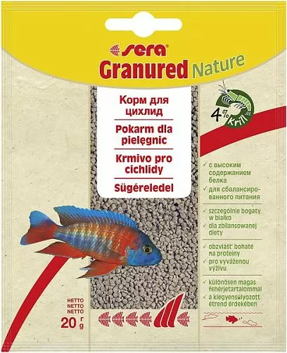 Основной корм Sera GRANURED для мелких плотоядных цихлид, гранулы 20 г