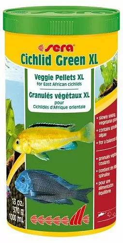Sera CICHLID GREEN XL основной корм со спирулиной для крупных растительноядных цихлид, гранулы 1 л